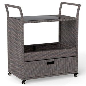 Chariot de bar d'extérieur en rotin PE tressé à la main avec plateau en verre trempé et tiroir, 4 roues avec freins, chariot de service pour mobilier de patio - Product Image 3