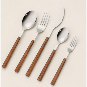 Juego de Cubiertos Modernos Minimalistas con Mango de Madera, Cubiertos de Acero Inoxidable Plateados para el Hogar y Bodas, Vajilla Pulida a Espejo - Product Image 1