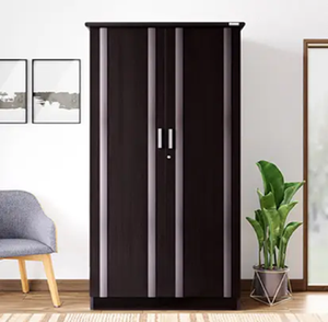 Un armario minimalista de madera de dos puertas en color marrón oscuro con elegantes detalles de rayas verticales, disponible a precios de mayorista. - Product Image 1