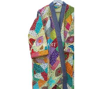 Indian Handmade Kantha Cutwork Elegant Pure Cotton Quilted Winter/Spring Multicolor Patchwork <b>Kimono</b> <b>Robe</b> Women's Wear Gift - Product Image 2