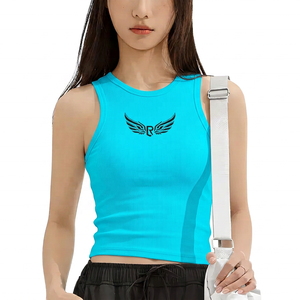 Haut court blanc sans manches pour femme, col rond, imprimé logo aile, respirant, en Spandex et Polyester, motif lettres avant, élément de mode - Product Image 6