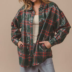 Camisa a Cuadros Vintage de Otoño para Mujer, con Botones, Manga Larga, Bolsillo en el Pecho, Estilo Casual Retro, de Poliéster y Algodón, Personalizable OEM - Product Image 4