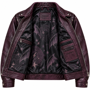 <b>Purple</b> <b>Mens</b> Leather Jacket Rock Bat Graphic Studded Lapel Collar Biker Coat Custom OEM ODM Factory Wholesale Production Offer - Product Image 5