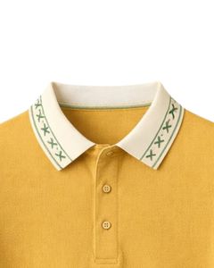 เสื้อโปโลผู้ชายสีเหลืองมัสตาร์ดแบบสั่งทำพิเศษ ผ้าคอตตอนผสม สวมใส่สบาย แขนสั้น เหมาะสำหรับฤดูร้อน ดีไซน์ปกและปลายแขนเสื้อพิมพ์ลายตัดกัน - Product Image 4
