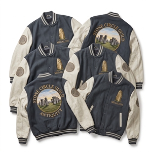 เสื้อแจ็คเก็ต Letterman สีเทาสเลท ผ้าขนสัตว์ ปักลาย Stone Circle Guild Megalith แขนหนังสีครีม สไตล์บอมเบอร์ ขายส่ง - Product Image 1