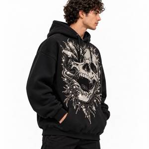 Sudadera con Capucha Negra Gótica para Hombre, Sudadera con Estampado de Calavera con Pedrería - Product Image 3