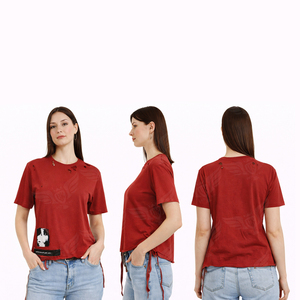 T-shirt décontracté pour femme, col rond, manches courtes, patchwork rouge vieilli, style streetwear, vente en gros 2026 - Product Image 3