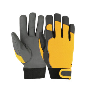 General Purpose Safety <b>Gloves</b> Yellow And Gray PU Leather Textured Fingertips Anti Slip Elastic Wristband - Product Image 1