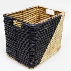 Two Tone <b>Black</b> Natural Water Hyacinth Woven Rectangular Storage Basket Organizer <b>Bin</b> with Cutout Handles - Product Image 1
