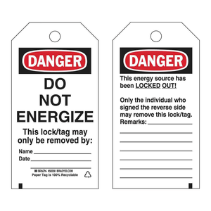 ป้ายล็อคเอาต์ Brady Danger Do Not Energize สำหรับความปลอดภัยในการบำรุงรักษาทางอุตสาหกรรม - Product Image 1