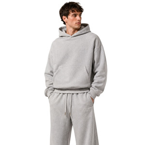Oferta caliente: Conjuntos de sudaderas con capucha lisas de felpa francesa gris de 450 GSM, personalizables, de talla grande, al por mayor para hombre, con pantalones de chándal de ajuste holgado. - Product Image 4