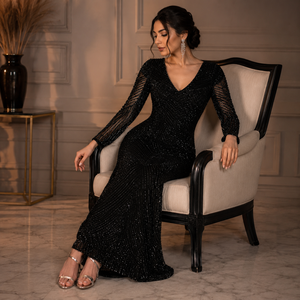 Luxury Black <b>Sequin</b> Evening Dress Women Deep V Neck Fringe Long Sleeve Bodycon Maxi Gown Elegant Formal Party Cocktail Prom - Product Image 3