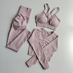 Gray 3 Piece Yoga Set High Waist Leggings Racerback Sports Bra Seamless Full Length <b>Crop</b> <b>Top</b> Activewear - Product Image 3