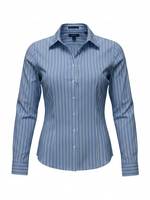 Chemise boutonnée rayée bleue pour femme, manches longues, coupe classique, col rabattu, tissu popeline respirant, idéale pour le bureau