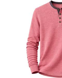 T-shirt thermique à manches longues pour homme, col Henley, rose poudré, décontracté, col boutonné, vêtement d'hiver, coton, coupe ajustée, tissu respirant - Product Image 5
