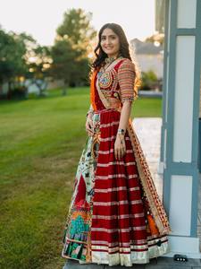 Traditional Indian Pakistani Women's Cotton Floor-Length <b>Lehenga</b> Set <b>Red</b> With Embroidery Printed Skirt Loose Fit <b>Wedding</b> Wear - Product Image 3