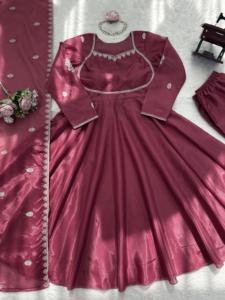 Indian Pakistani Beautiful Designer Anarkali <b>Silk</b> <b>Fabric</b> Fancy Thread Work Wedding Casual Traditional Women Wear - Product Image 2