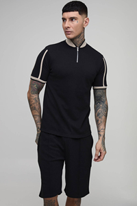 Men's Black Quarter-Zip T-Shirt <b>Set</b> With Contrast Trim Casual Summer Wear Cotton <b>Knitted</b> Breathable Shorts and Top custom logo - Product Image 2