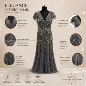 Luxury Grey Beaded Evening Gown for Women Deep V Neck <b>Sequin</b> Party Dress Elegant Wedding Reception Formal Maxi Evening Wear - Product Image 5