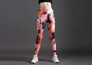 Leggings longs à taille haute avec imprimé tie-dye et poches, en tissu extensible tricoté, spandex, polyester, sportif, pour femmes - Product Image 2