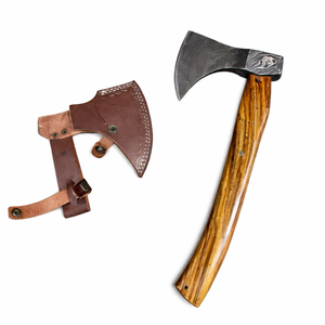 Hacha Vikinga Hecha a Mano de Grado Industrial con Cabeza de Acero de Damasco, Mango de Madera y Funda de Cuero para Uso de Supervivencia - Product Image 1