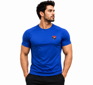 Camiseta deportiva de manga corta azul para hombre Dumela, cuello redondo, ajustada, de secado rápido, tejido de punto transpirable, antipilling en la parte delantera - Product Image 3