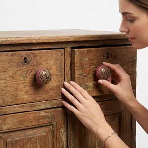 Ba <b>Pink</b> Ceramic Round Cabinet <b>Knob</b> With Brass Filigree Design Traditional Furniture Handle For Home Office - Product Image 4