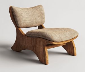 Mid Century Teak Wood Lounge Chair Sculptural Accent Seat with Textured Fabric <b>Cushion</b> - Product Image 1