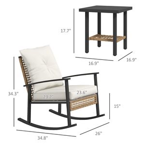 Set Bistrot 3 Pezzi Bianco con Tavolino da Caffè, Mobili da Esterno in Vimini, Cuscini Trapuntati a Bottoni, Sedie a Dondolo in Rattan per Ospedali (Minimo) - Product Image 3