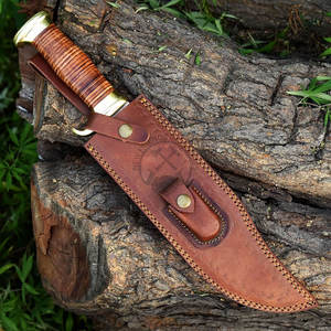 Couteau Bowie en acier Damas fait main, neuf, de collection, pour la survie et la chasse, avec manche en cuir et laiton, lame fixe de 10,5 pouces - Product Image 6