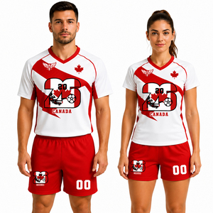 Conjunto de Uniforme de Fútbol Personalizado Canadá 2026 para Hombre y Mujer, Rojo y Blanco, Transpirable, de Secado Rápido, Ropa Deportiva OEM ODM - Product Image 1