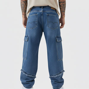 Jean cargo baggy délavé bleu pour homme, taille mi-haute, style vintage, effet usé, 100% coton, streetwear hip-hop, poches, personnalisable OEM - Product Image 5