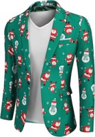 Jas Bisnis Pria Warna Hijau Natal Bermotif Santa, Kerah Notch, Kancing Ganda, Bahan Rajut Polyester Bernapas untuk Dewasa