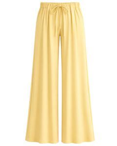 <b>Light</b> Yellow Wide Leg Pants Women High Waist Drawstring Loose Fit Casual Straight Trousers Soft Comfortable <b>Lounge</b> Wear Fashion - Product Image 1