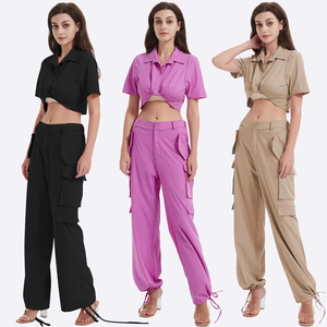 Cropped Shirt With Elastic Waist Wide Leg Cargo <b>Pants</b> Solid Color Short Sleeve Turn-<b>down</b> Collar Casual Summer Loose Fit - Product Image 1