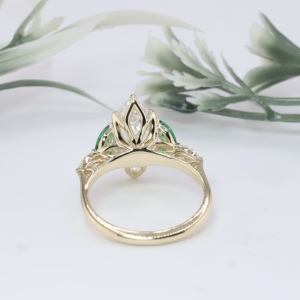 Vintage Yellow Gold Marquise Lab Grown Engagement <b>Ring</b> Green Emerald Side Accent Lotus <b>Crown</b> Filigree Solitaire Wedding <b>Ring</b> - Product Image 3