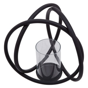 Porte-bougie sphérique en métal noir de style moderne avec des anneaux entrecroisés et une insert cylindrique en verre transparent - Product Image 5