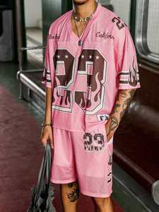 Ensemble de maillots de sport en maille rose personnalisés pour hommes, style streetwear oversize, avec impression de numéro, respirant, ensemble short et maillot, vente en gros OEM - Product Image 5