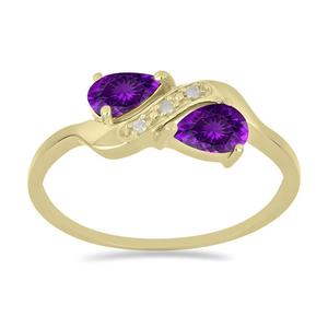 Anillo de Oro Sólido de Diseño Exclusivo con Gema de Amatista en Forma de Pera y Diamantes de Laboratorio Reales, Anillo de Dos Piedras - Product Image 1