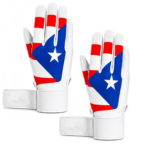 Guantes de bateo de cuero PU blancos, rojos y azules con diseño de la bandera de Puerto Rico, guantes de entrenamiento de béisbol a la moda para adultos. - Product Image 2