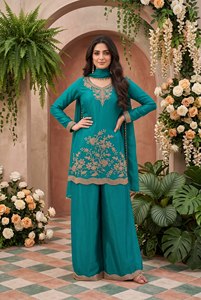 Ensemble Kurti Palazzo Dupatta traditionnel pour femmes en tissu Aarika Textile Premium rouge avec perles, prix de gros - Product Image 2