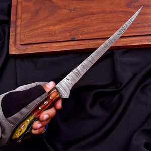 Damascus Steel Fillet Knife with Leather Sheath Handmade Forged High Hardness Extra Sharp Durable <b>Kitchen</b> Knife - Product Image 2