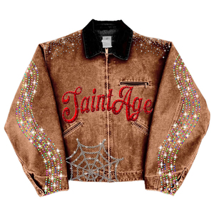 Vintage Washed Canvas Denim <b>Jacket</b> <b>Rhinestone</b> Embellished Distressed Zip Up Oversized Streetwear Coat for Men - Product Image 1