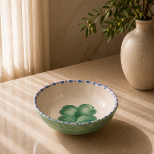 Bol de service en céramique artistique avec détail de fleur verte peinte à la main, finition lisse et élégant pour une utilisation quotidienne à la table - Product Image 1