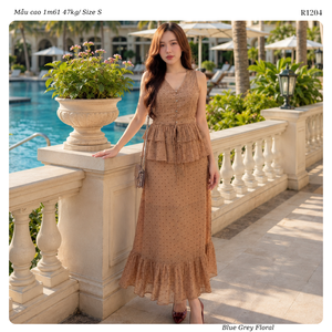 Vestido Maxi de Gasa con Botones y Estampado de Puntos Marrones para Mujer, Cuello en V, Sin Mangas, Cintura con Volantes, Estilo Casual para Playa o Vacaciones, Conjunto de Dos Piezas - Product Image 2