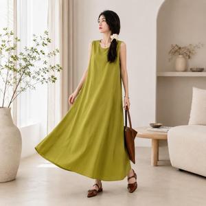 Women Olive Green Cotton Linen Maxi <b>Dress</b> O-neck <b>Loose</b> Fit Sleeveless Summer Casual <b>Dress</b> Solid Color With Pocket - Product Image 1
