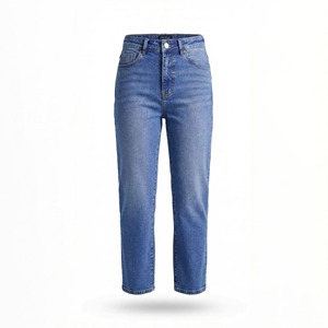 Jeans de mujer de cintura alta y pierna recta, estilo vintage, color azul medio, pantalones de mezclilla de buena calidad y cómodos para mujer. - Product Image 1