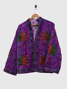 <b>Velvet</b> Floral Embroidered Jacket Mandarin Collar Full Sleeve Plus Size Women's Autumn Wear Prairie Chic Style - Product Image 2
