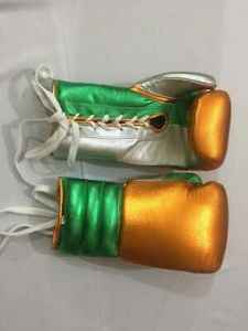 Guantes de Boxeo Profesionales Hechos a Medida en Cuero Vacuno Genuino con Tono Perla Metálico Verde y Dorado - Product Image 5
