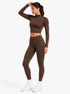 2-Piece Yoga Set Quarter-Zip Crop Top High-Waist Full-Length <b>Leggings</b> Seamless Solid Brown Spandex/<b>Nylon</b> Breathable Quick Dry - Product Image 1